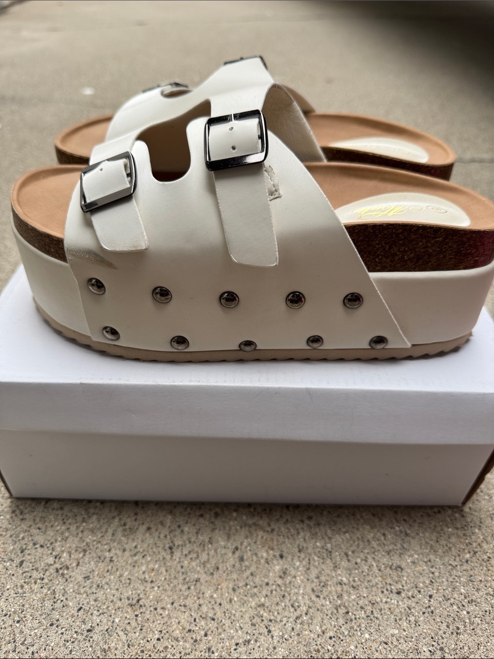 Bamboo White Platform Double-Buckle Studded Slide Sandals